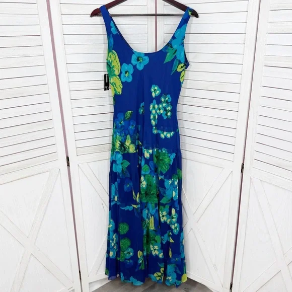New Directions Tropical Flower Print Tiered Maxi Slip Dress Blue Green 10 - Picture 8 of 11
